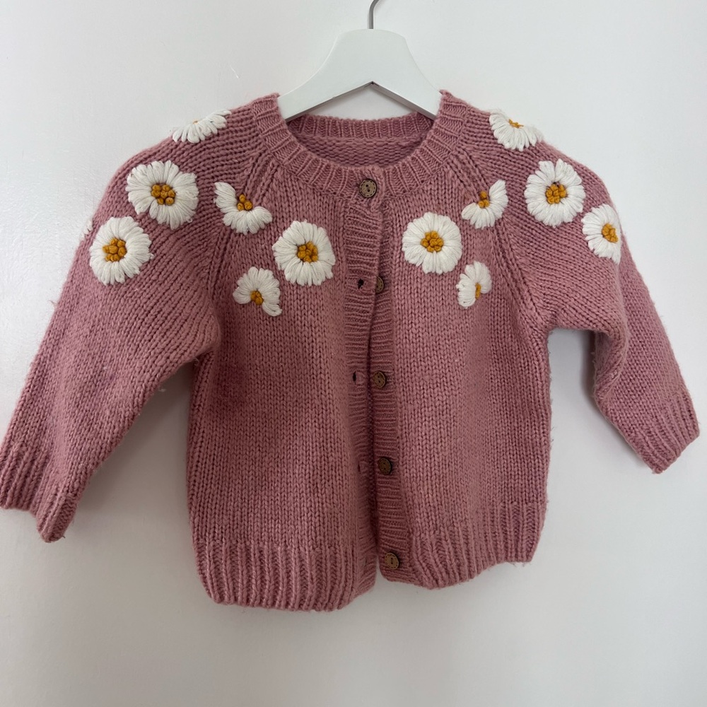 Pink Floral hand embroidered Knit Kids Cardigan